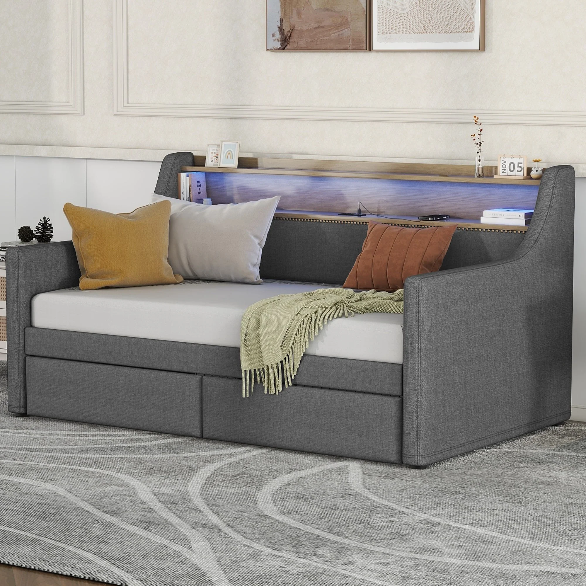 Twin Size Daybed with Storage Drawers, Upholstered Daybed with Charging Station and LED Lights