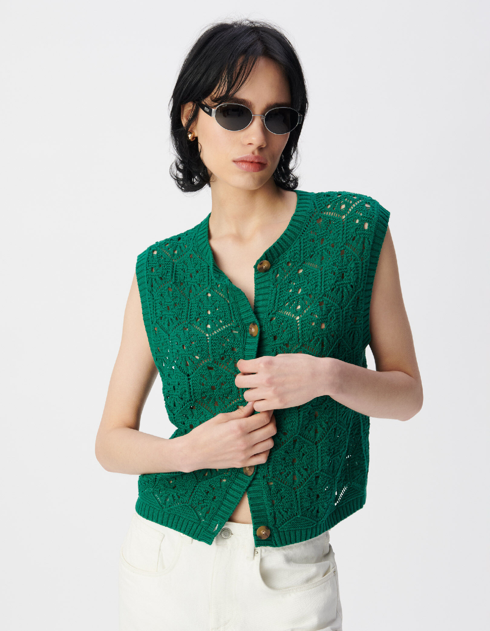 Cardigan sans manches vert tricot ajouré Femme