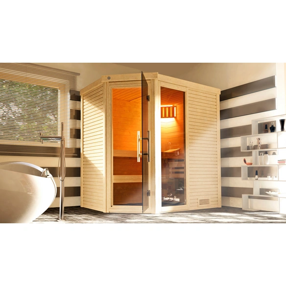 Massivholzsauna »CUBILIS ECK 1«, 4 Personen, inkl. 5,4 kW Ofen mit integrierter Steuerung