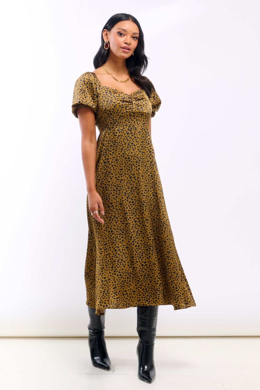 Needs No Label Brown Animal Satin Sweetheart Neck Midi Dress