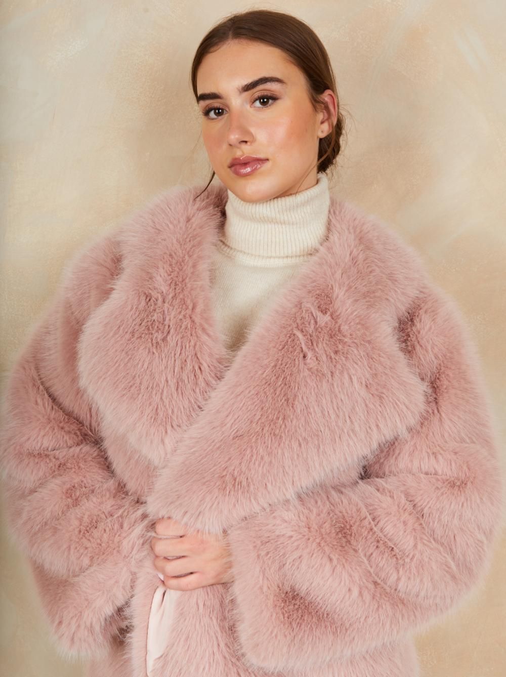 Chi Chi London Faux Fur Mid Length Coat in Pink