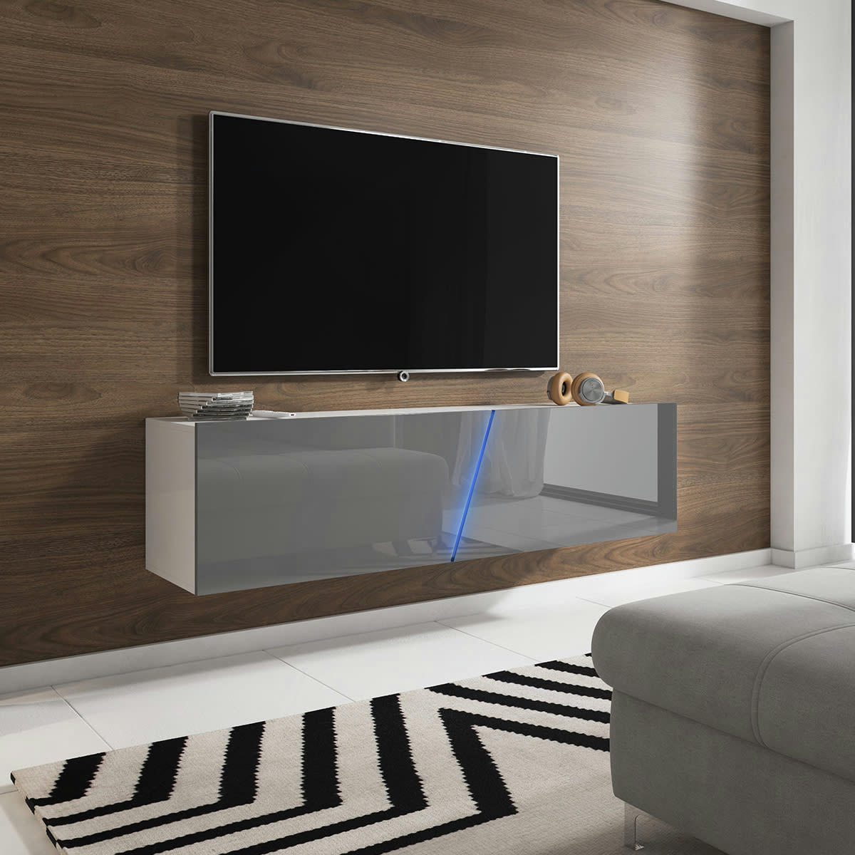 - Meuble tv sur pied ou mural 2 portes 160 cm avec led blanc et gris