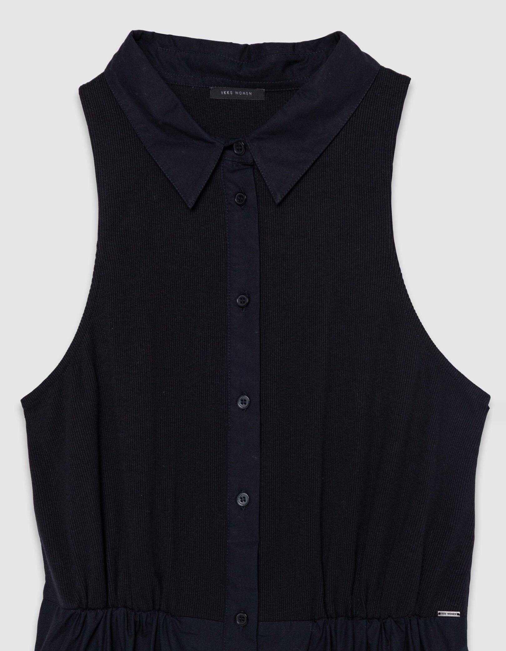 Robe longue noire boutonnée bi-matière Femme