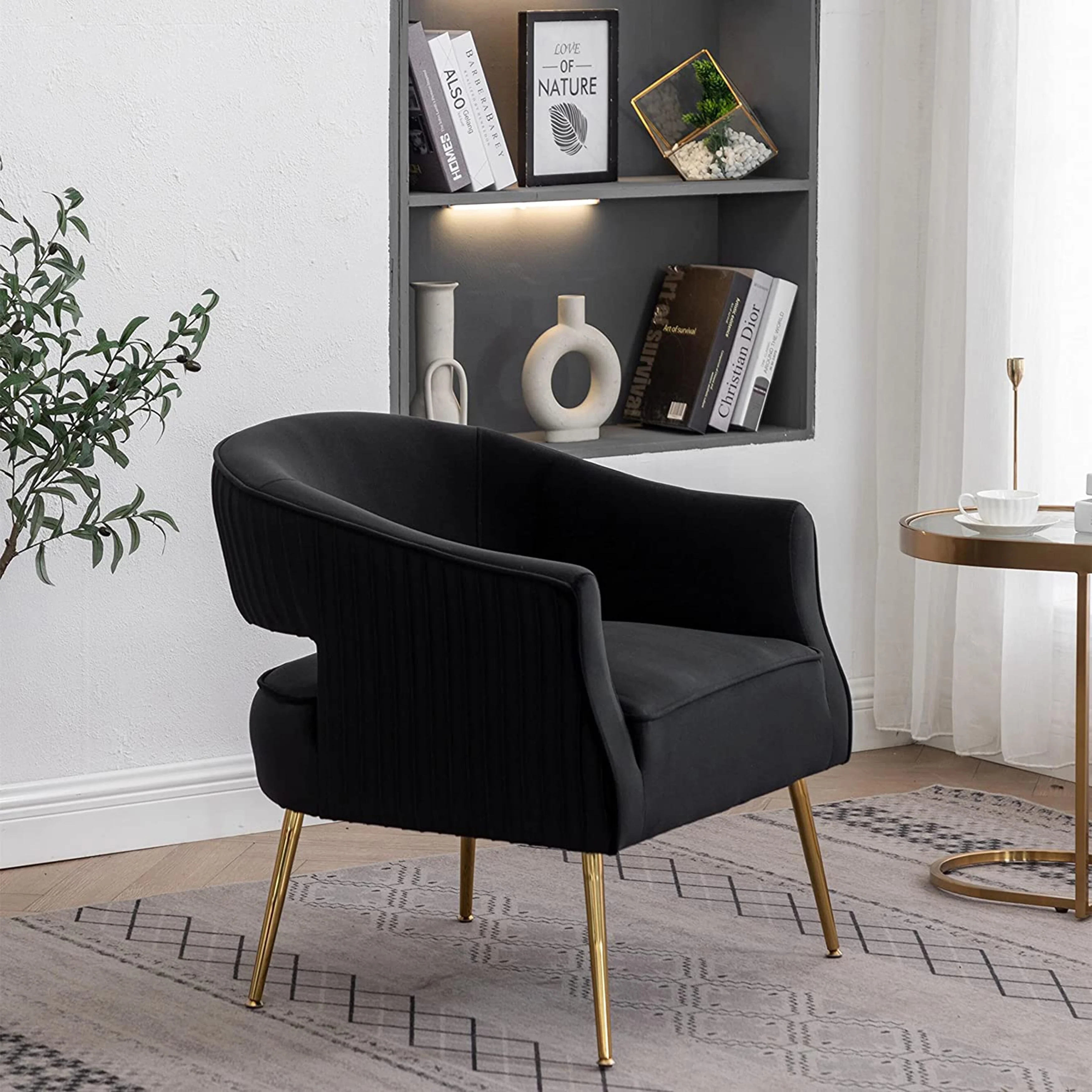 SEYNAR Modern Velvet Accent Arm Vanity Chair with Wingback and Gold Legs for Living Room