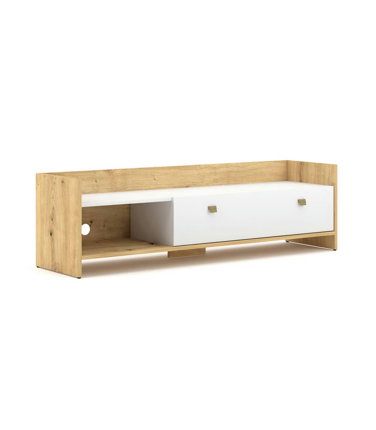 OPEN - Meuble TV 2 niches et porte rabattable effet bois - L140 x H37 cm