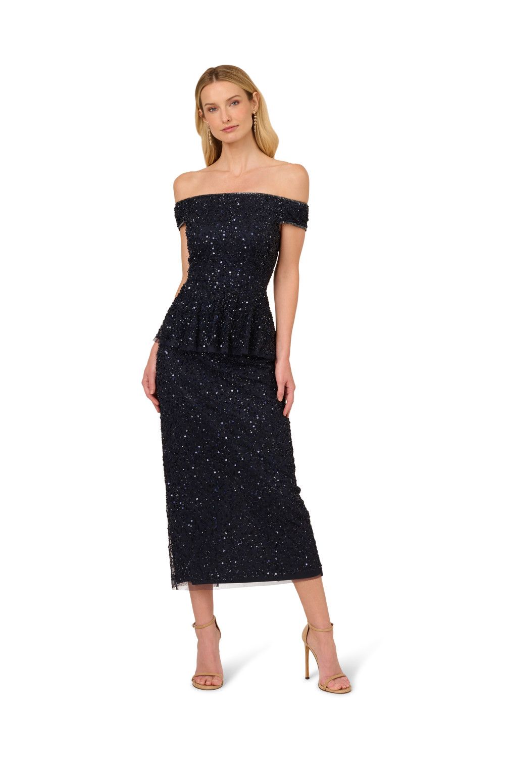 Adrianna Papell Bead Mesh Peplum Dress