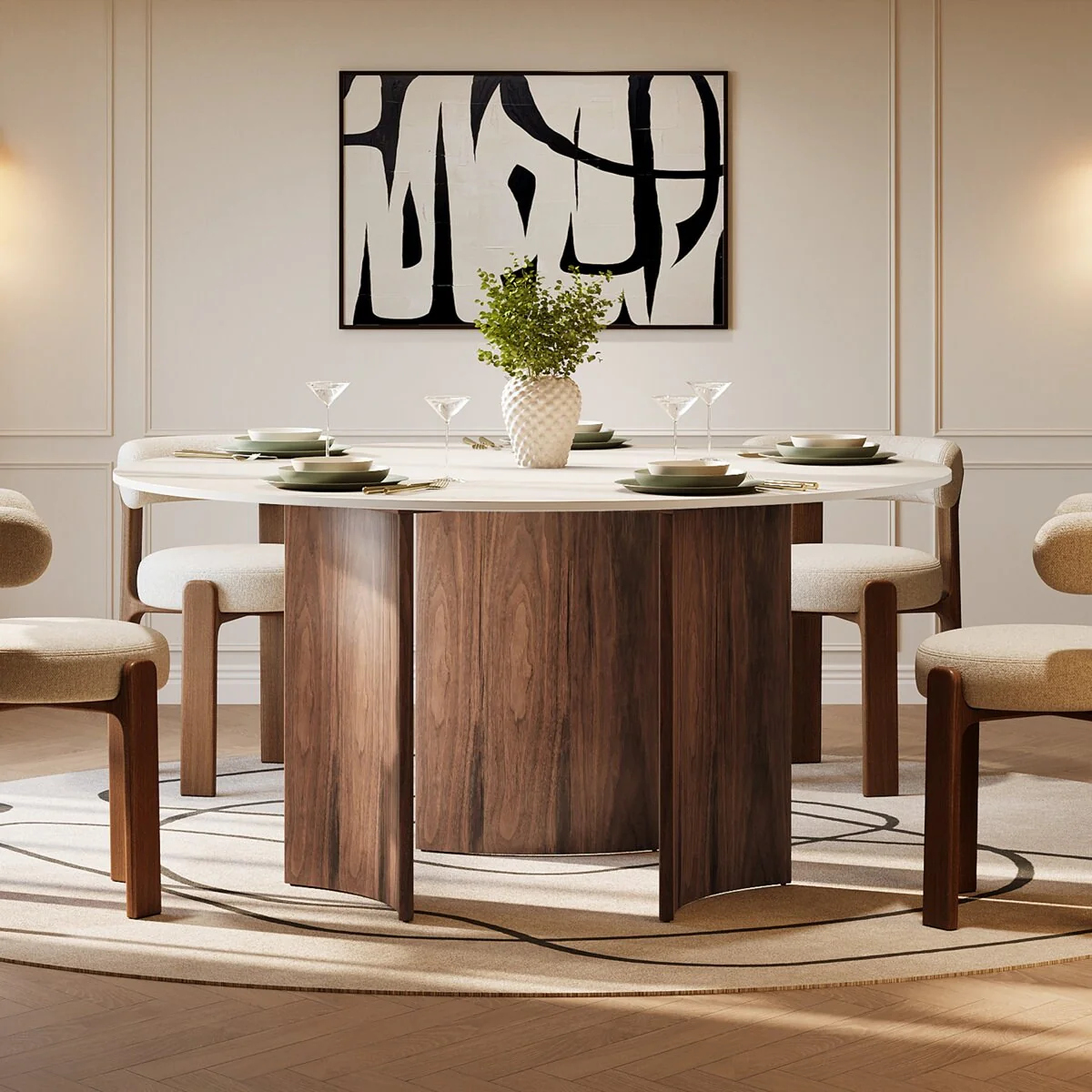 59-Inch Round Stone Top Wood Base Dining Table For 6-8 People - White and Brown