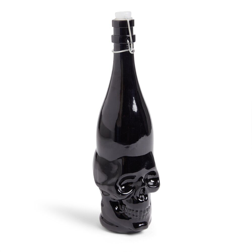 Bouteille Halloween 1L en verre forme tête de mort noire