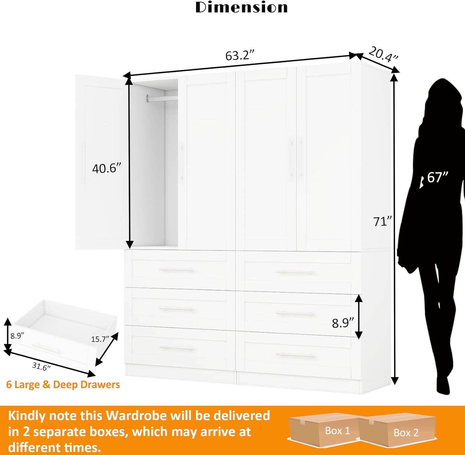 Armoire Wardrobe Closet with 6 Deep Drawers and Doors 71 Clothing Storage Cabinet with Hanging Rod Wooden Wardrobe Cabinet for Bedroom, Large Capacity Storage White, 2 Sets