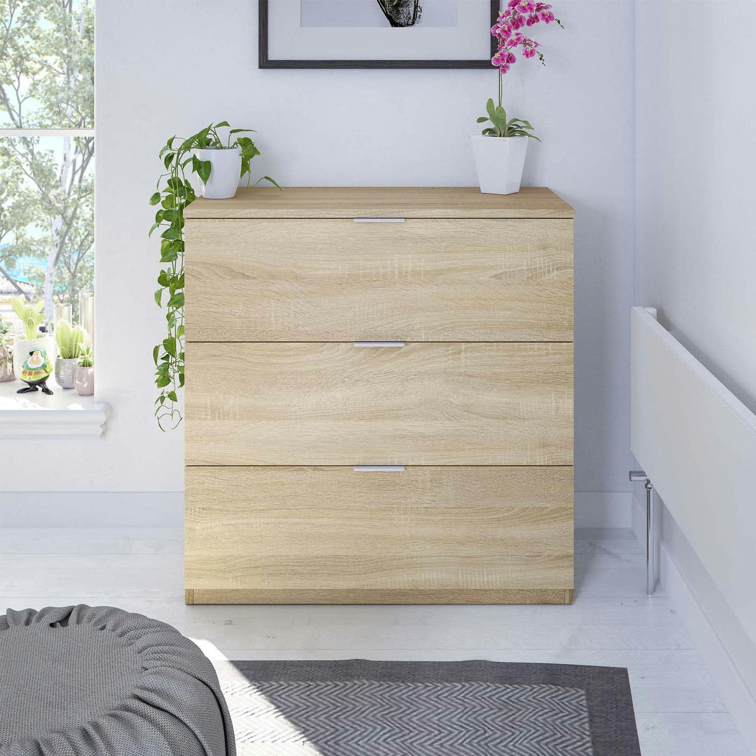 SANTI - Commode 3 tiroirs couleur chêne, 77 cm largeur