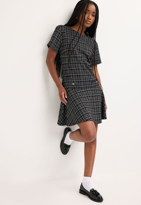 Womens Black Check Fit & Flare Dress