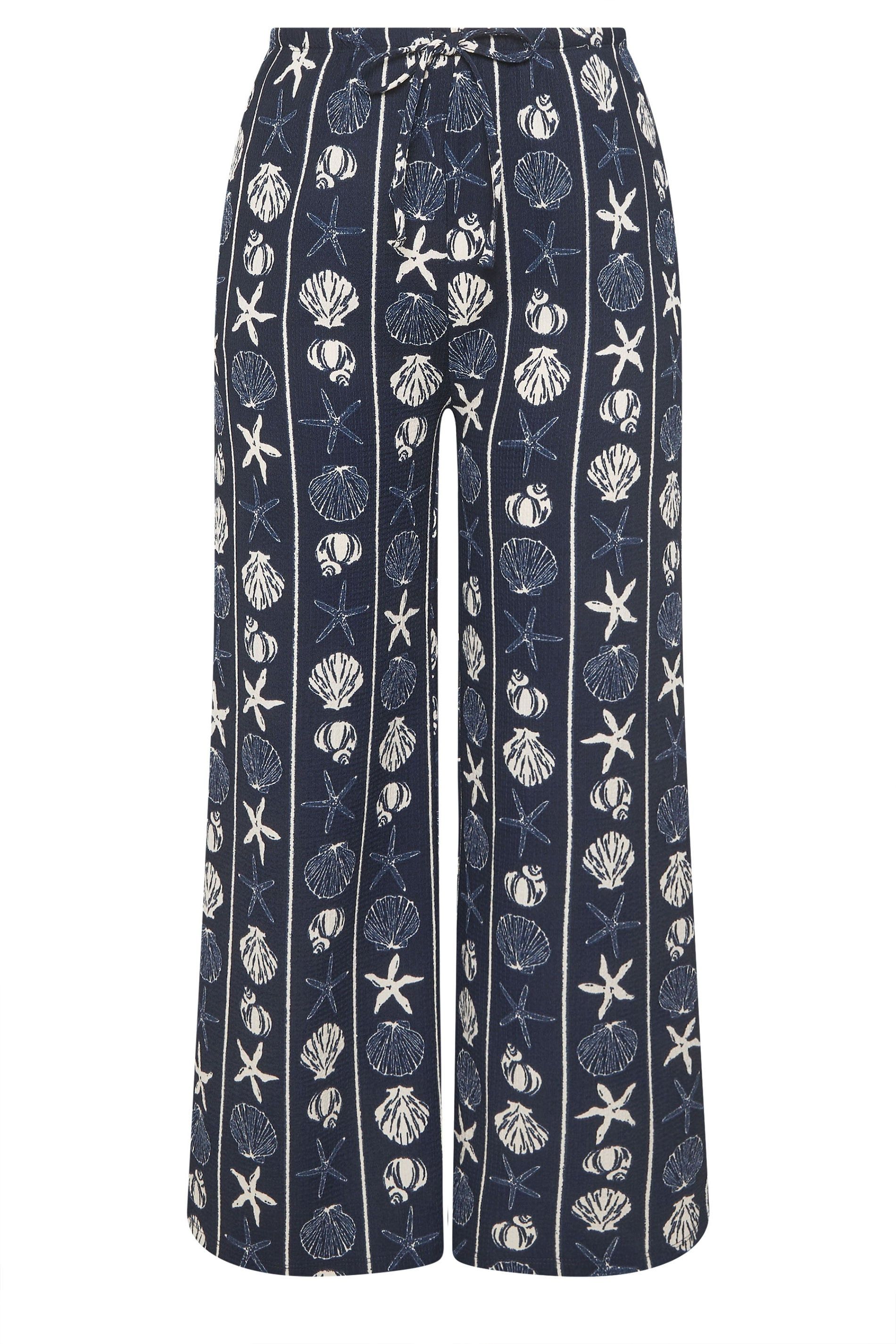 Yours Seashell Print Crinkle Wide Leg Trousers