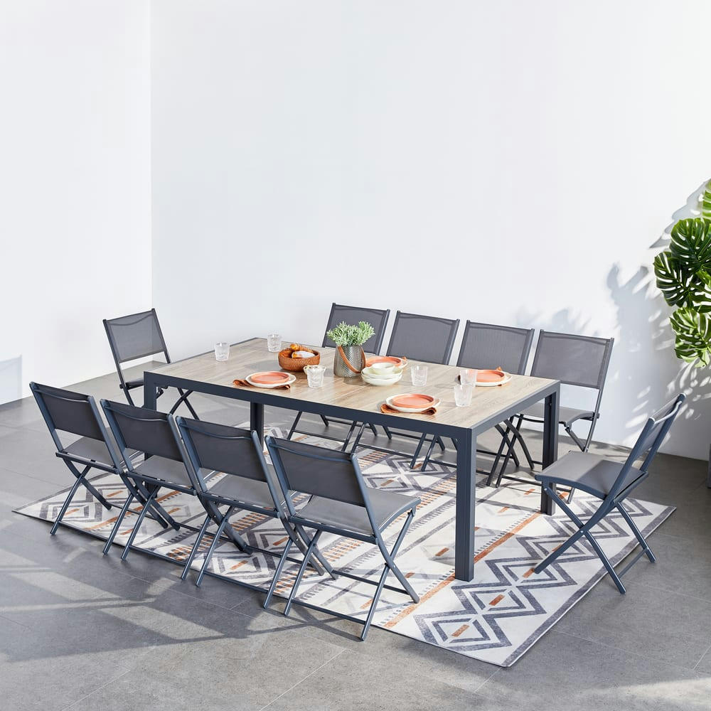 LAGOS - Ensemble table aluminium effet bois et 10 chaises