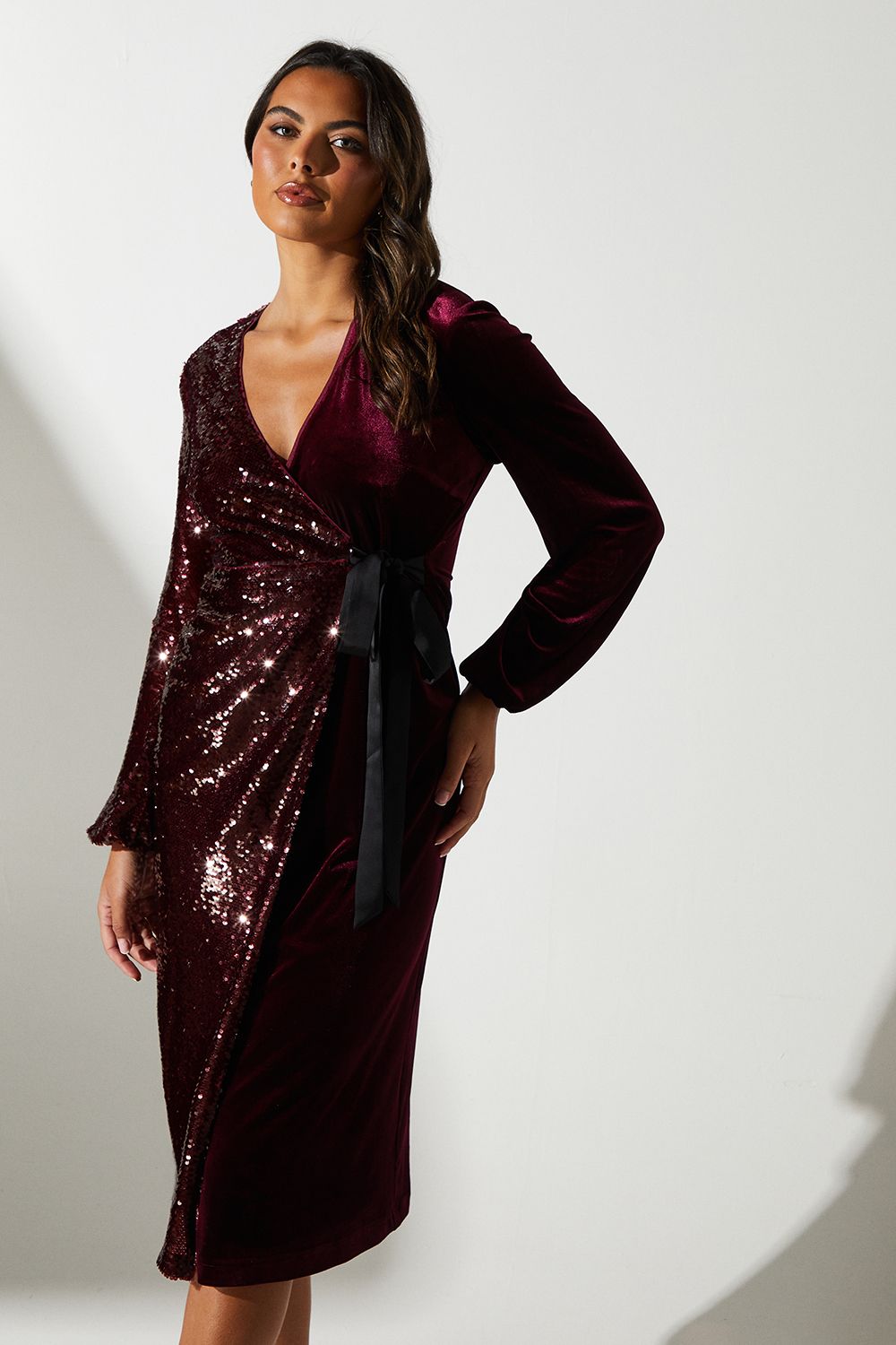 Coast Party Sequin Long Sleeve Velvet Wrap Dress