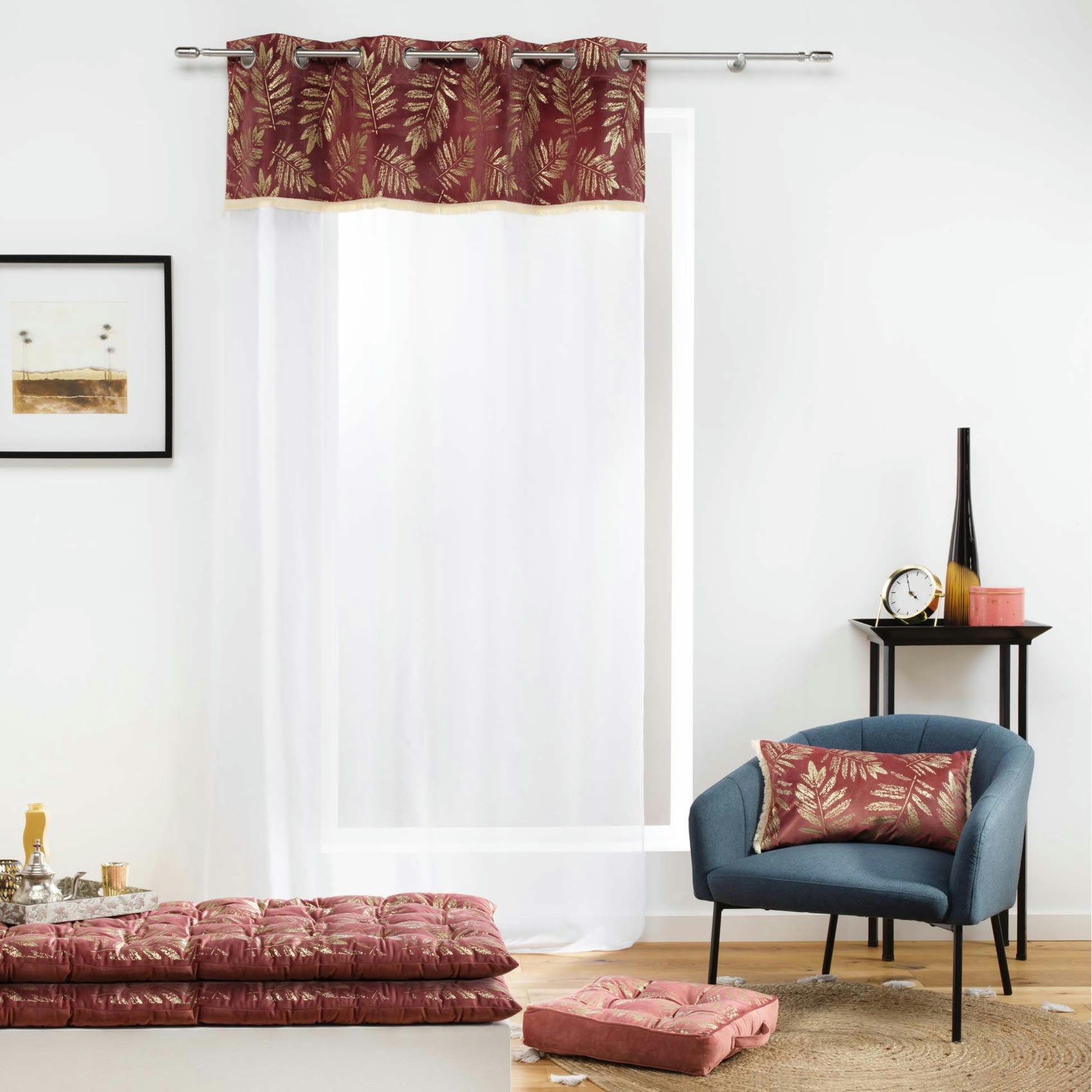 ADELOR - Voilage au top imprimé et frangé polyester rose 240x140cm