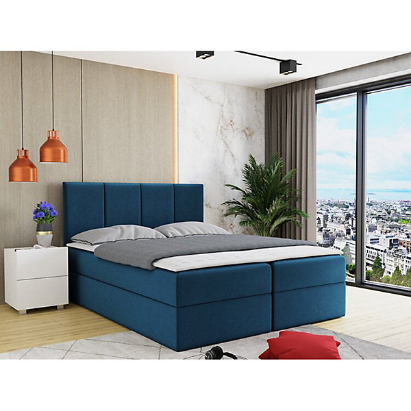 Lit continental Baltimore 147, Double, Bleu, Tissu, Disponible