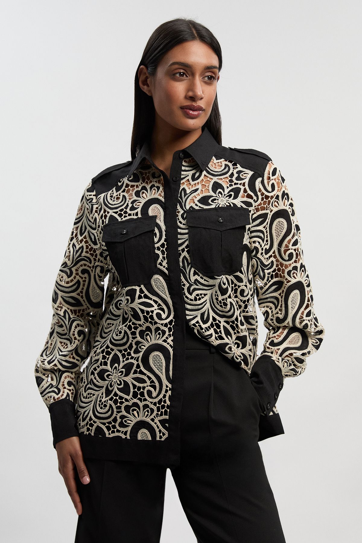 KarenMillen Mono Cutwork Pocket Front Woven Shirt