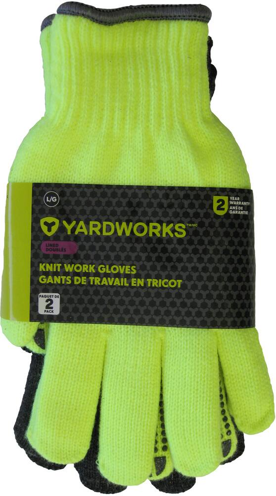 Yardworks Knit Dotted Palm Lined Unisex Work Gloves, Large, Yellow, Grey, 2-pk