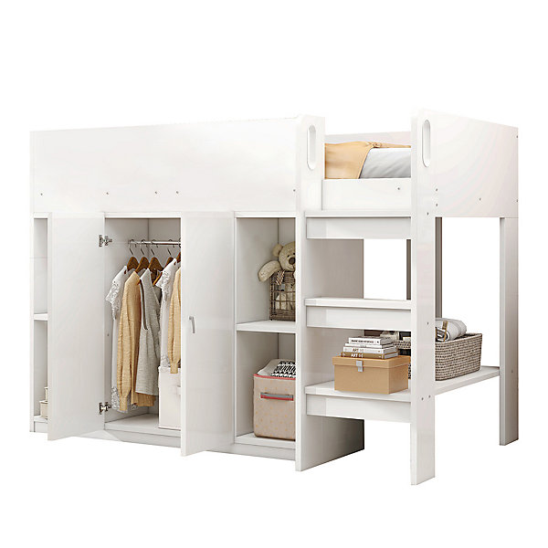 Lit superposé 90x200cm, armoire/étagères, échelle, stable, blanc
