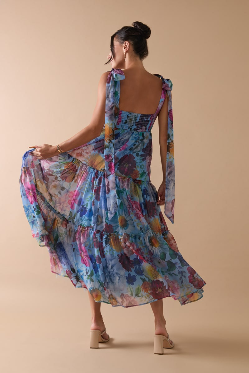 Alahna Tie Strap Light Blue Floral Maxi Dress