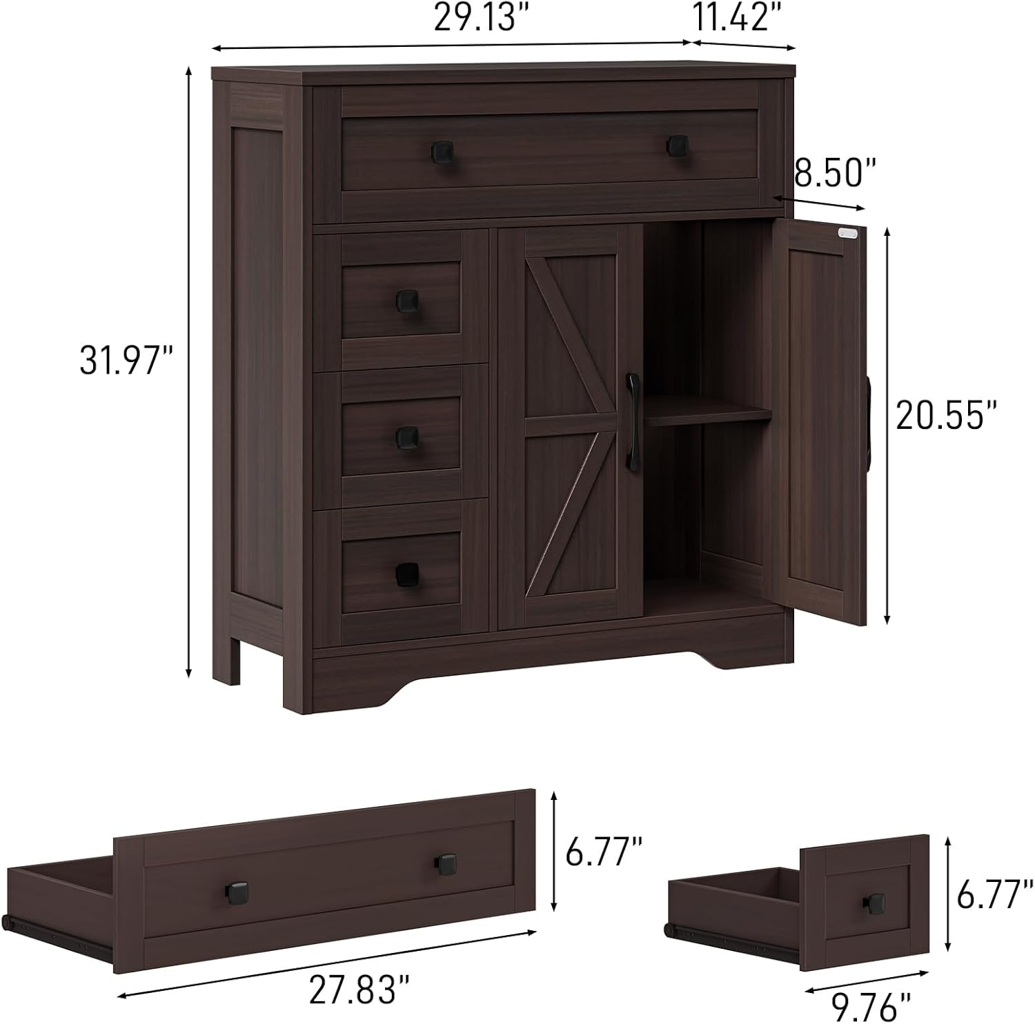 Vabches Farmhouse Storage Cabinet with 2 Doors and 4 Drawers, Freestanding Bathroom Storage Cabinet Kitchen Pantry, Floor Cupboard for Living Room/Bathroom/Kitchen,Espresso