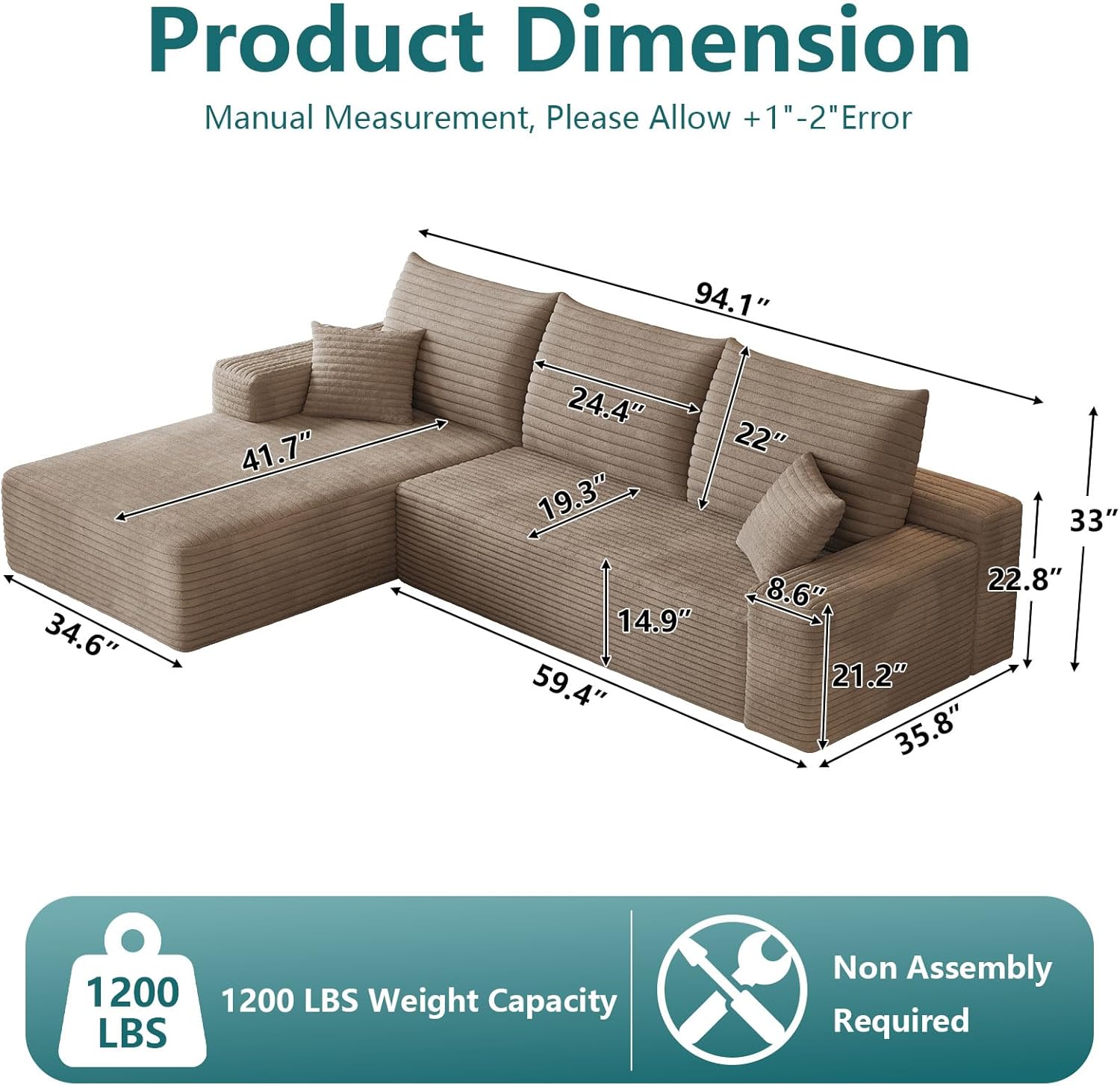 95 Modular Sectional Couch, Boneless L Shaped Cloud Sofa with Chaise Lounge, Corduroy Upholstered Couches Memory Foam Deep Seat, No Assembly Required, Ideal for Living Room(Camel, Left Facing)