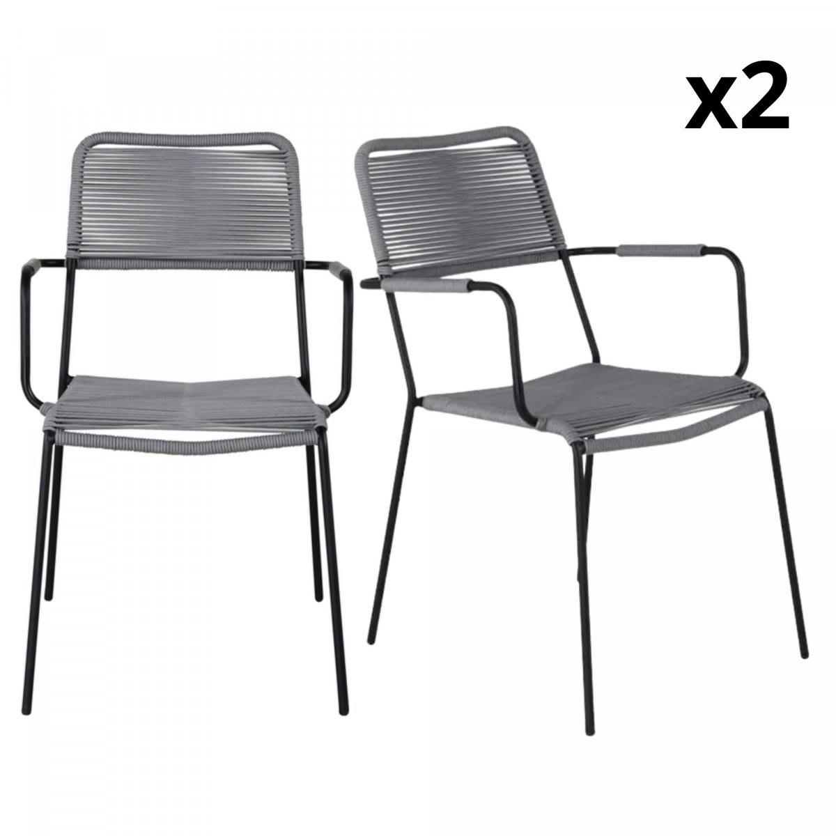 KENNA - Lot de 2 chaises de jardin en métal et corde gris