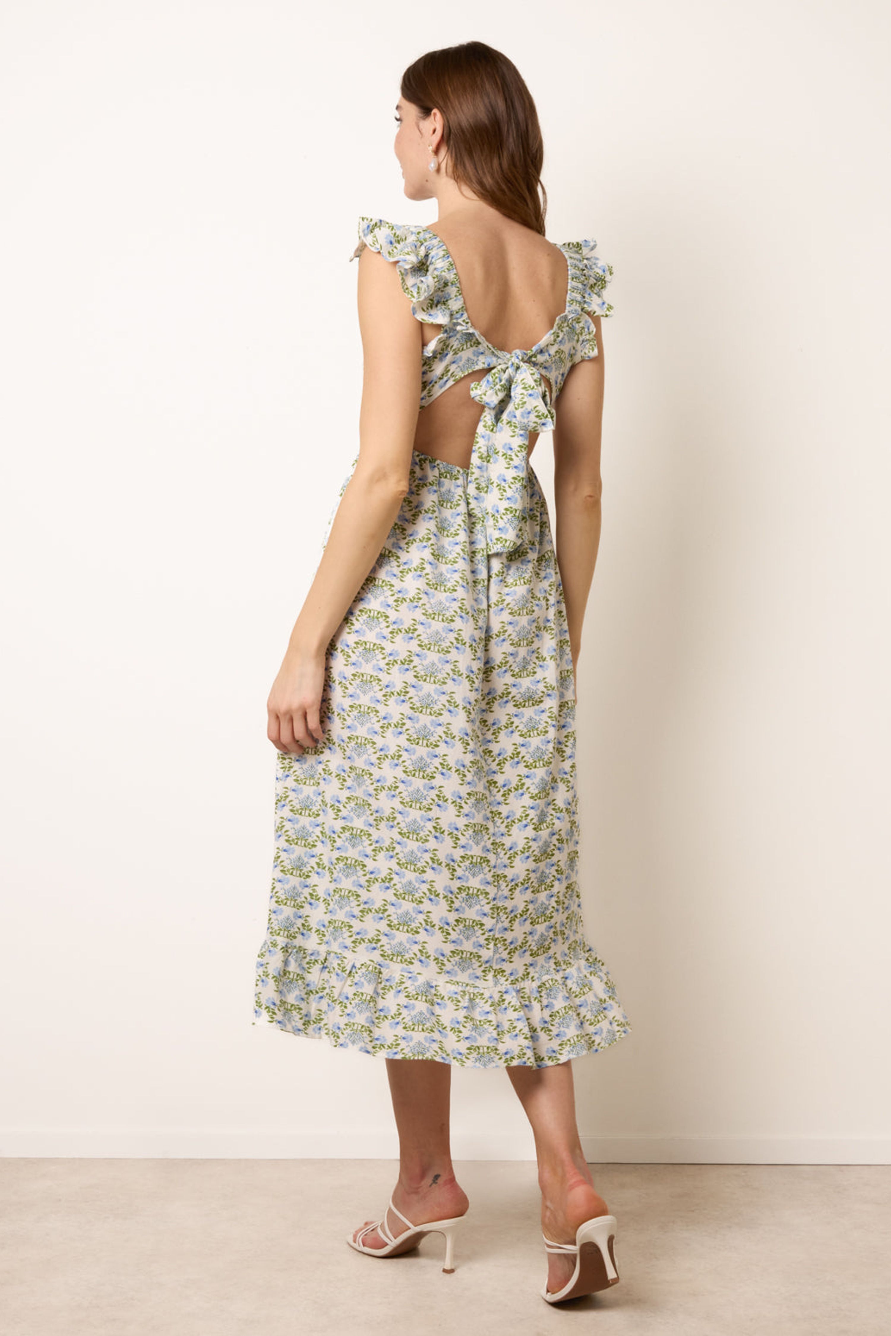 Blue Vanilla Blue Floral & Frill Shirred Bodice Midi Dress