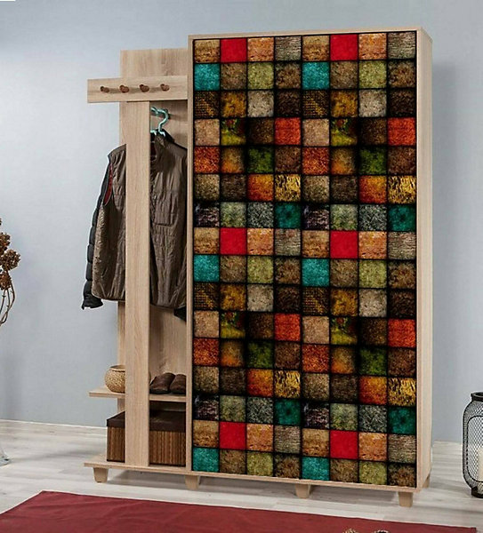 Meuble d'entrée Dpionett, Crochet d'entrée, Console de rangement multifonction, 135x36h194 cm, Chêne et Multicolore