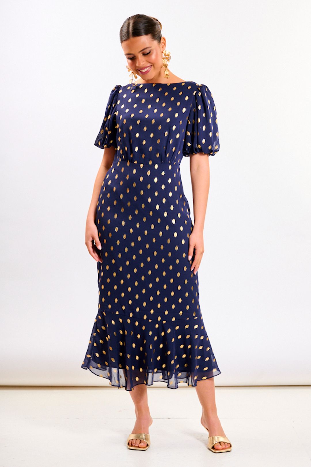 Needs No Label Navy Chiffon Foil Puff Sleeve Midi Dress