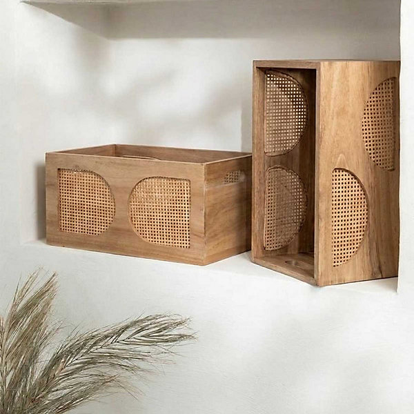 Caisse en bois et rotin 25x15cm