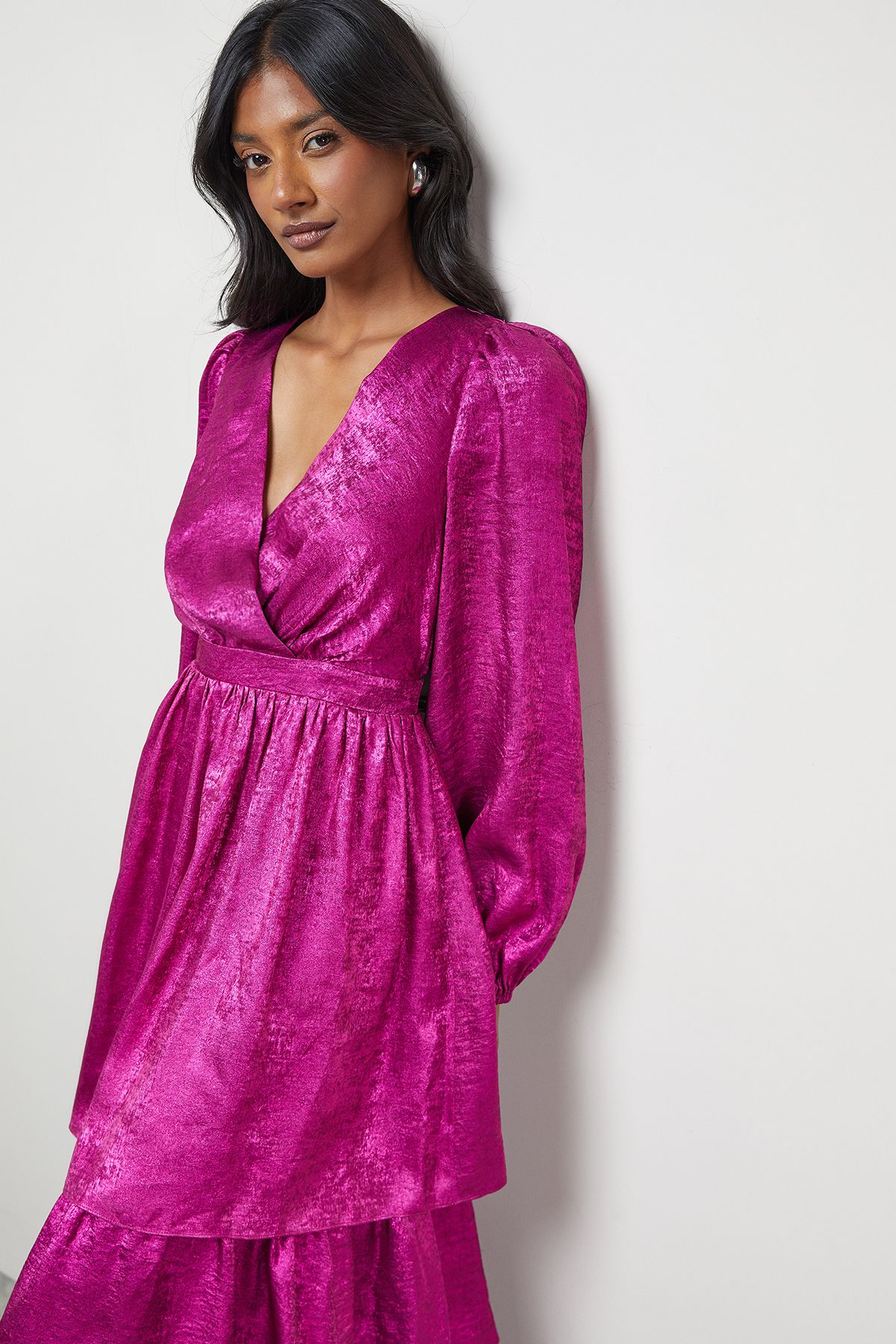 Warehouse Metallic Plunge Neck Tier Midi Dress