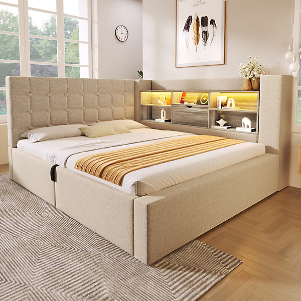 Canapé-lit coffre 140x190cm - avec LED et port de chargement - avec sommier à lattes - tissu de lin - beige (sans matelas)