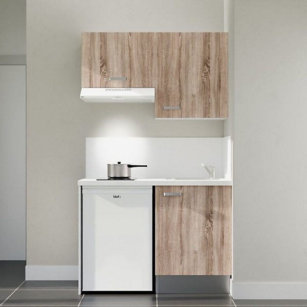Kitchenette K01 - 120 cm - Façades : Bois - Plan de travail : Blanc - Crédences : Oui - Evier Inox
