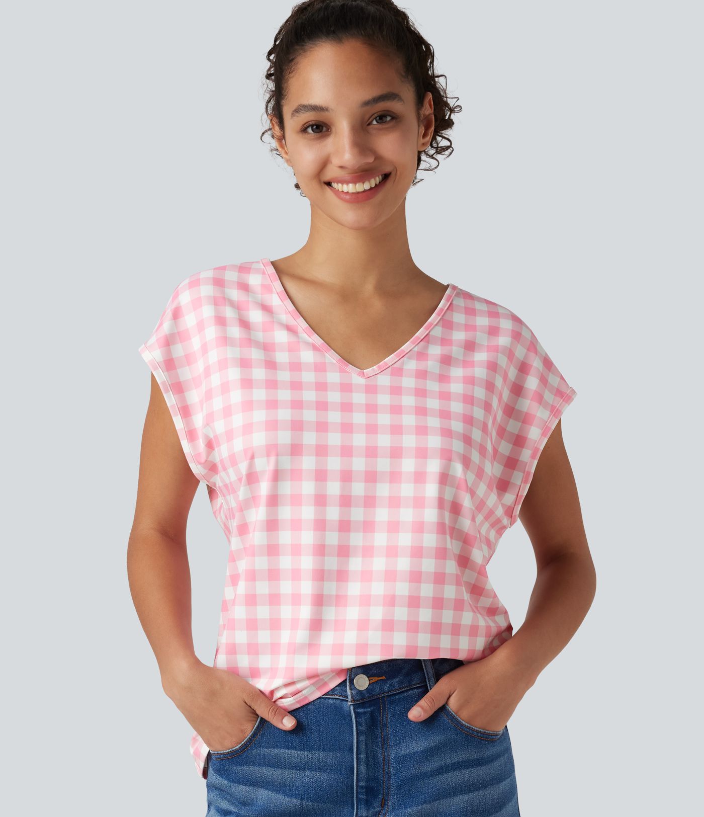 T-shirt à col V, mancherons et motif à carreaux