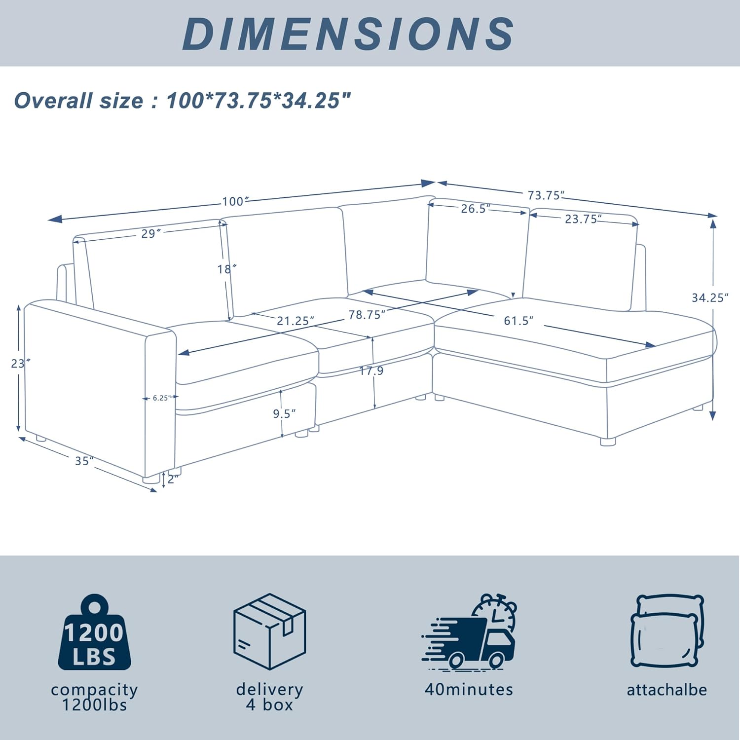 100“ L Shaped Couch with Reversible Chaise Sectional Sofa Corner Couches for Living Room,Apartment and Compact Spaces (Grey)