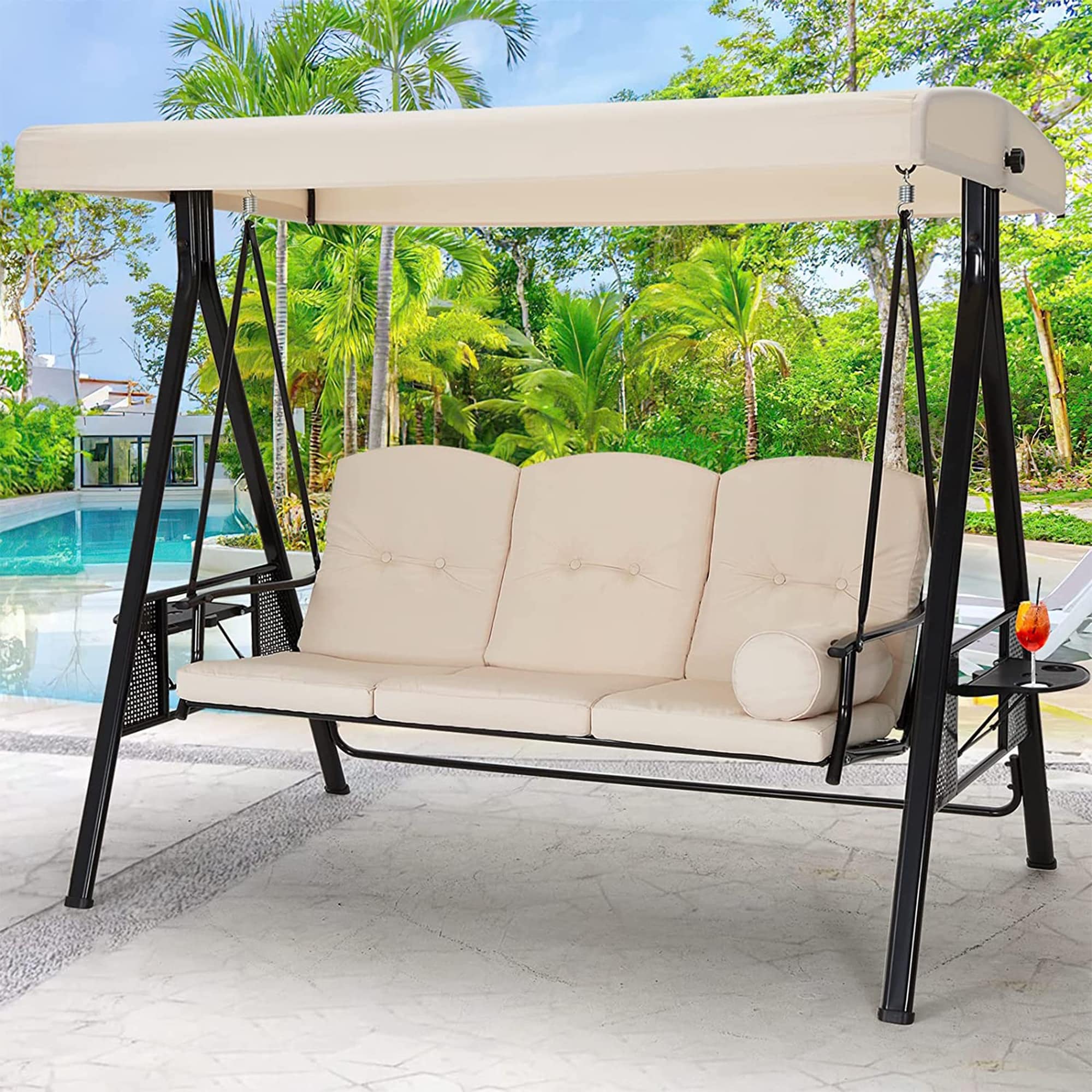 AECOJOY 3-Seat Porch Swing Chair, Patio Swing Chair w/ Cushions