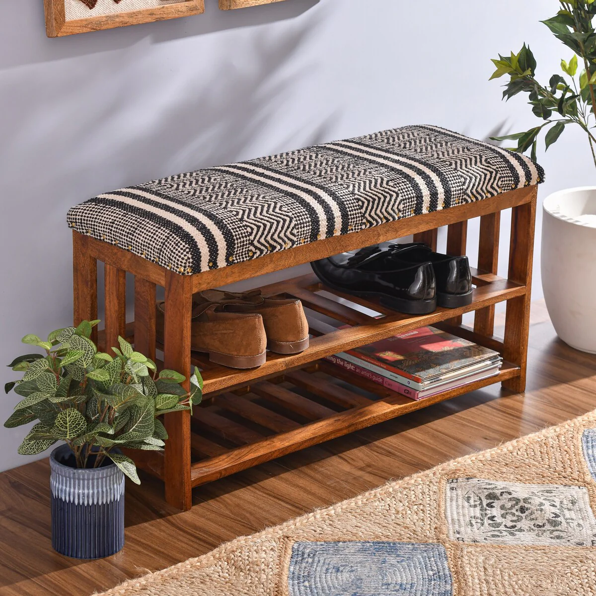 Upholstered 2-Shelf Storage Entryway and Bedroom Bench - 18 H x 34 W x 12 D