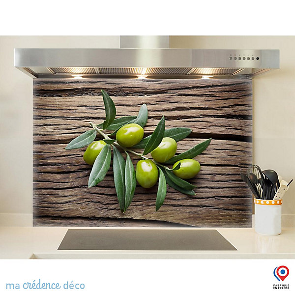 Crédence cuisine fond de hotte Olives sur bois - Verre trempé - L 90 cm x H 70 cm - MaCrédenceDéco
