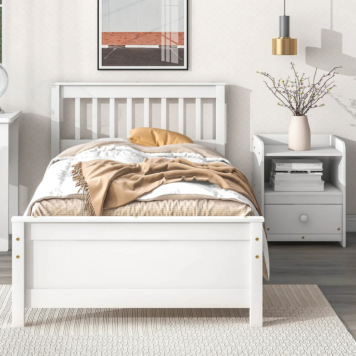 Nestfair Twin Bed with Headboard and Footboard,with a Nightstand
