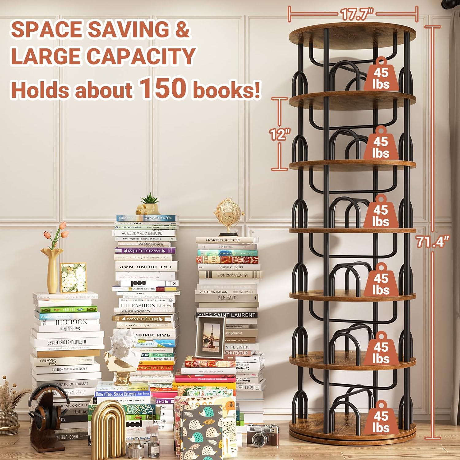 Aheaplus 6 Tier Rotating Bookshelf Tower, Revolving Bookcase, 360° Round Spinning Book Shelf, Narrow Swivel Bookshelves Vertical Turning Corner Bookshelf Organizer for Small Space, Rustic Brown