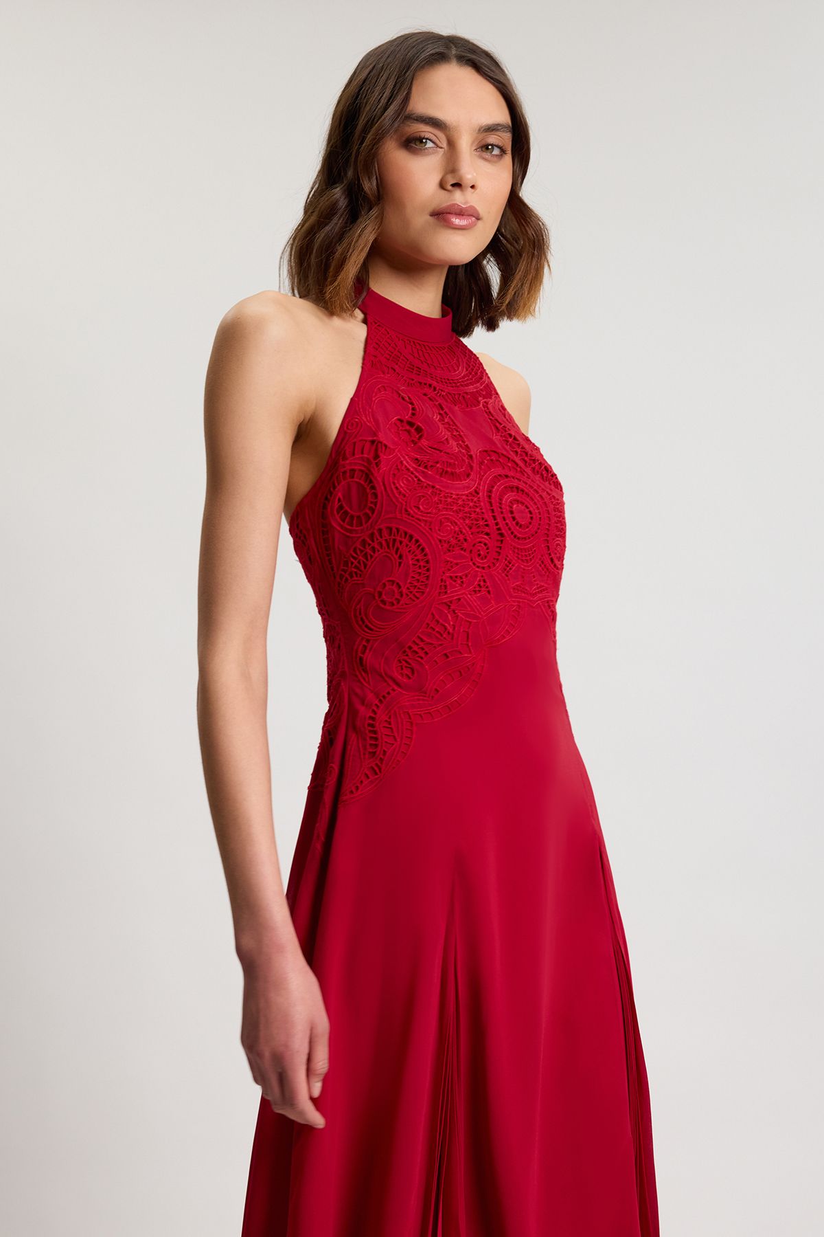 KarenMillen Petite Cutwork Embroidered Woven Maxi Dress With Pleated Godets