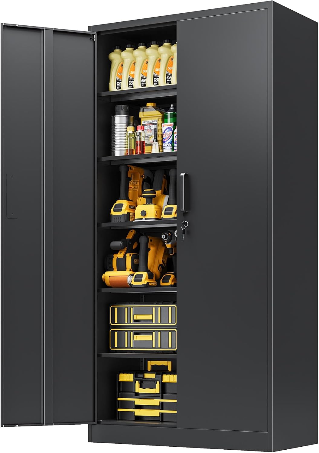 Metal Garage Storage Cabinet,Tall Black Cabinet with Doors and Adjustbale Shelves,Lockable Tool Cabinet for Garage,Basement,Home Office
