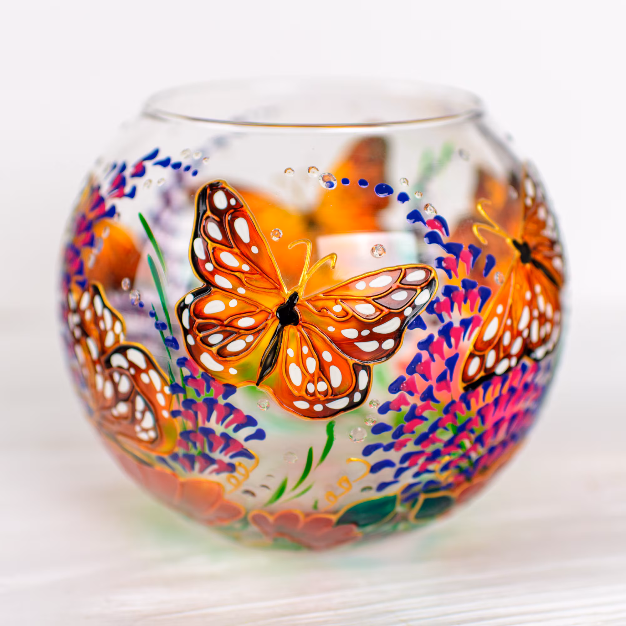 Hand Painted Butterfly Glass Tealight Holder: Monarch Butterfly Home Decor
