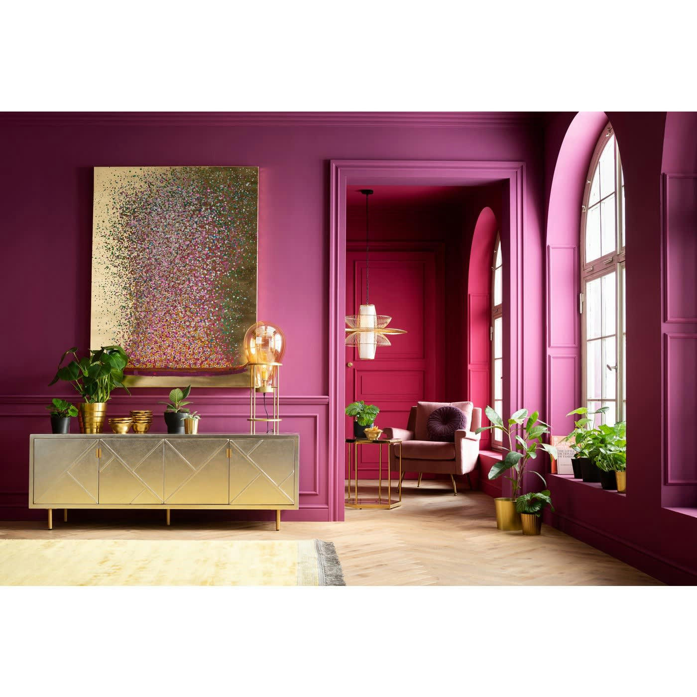 TOUCHED FLEURS - Toile dorée pirogue fleurs roses 120x160