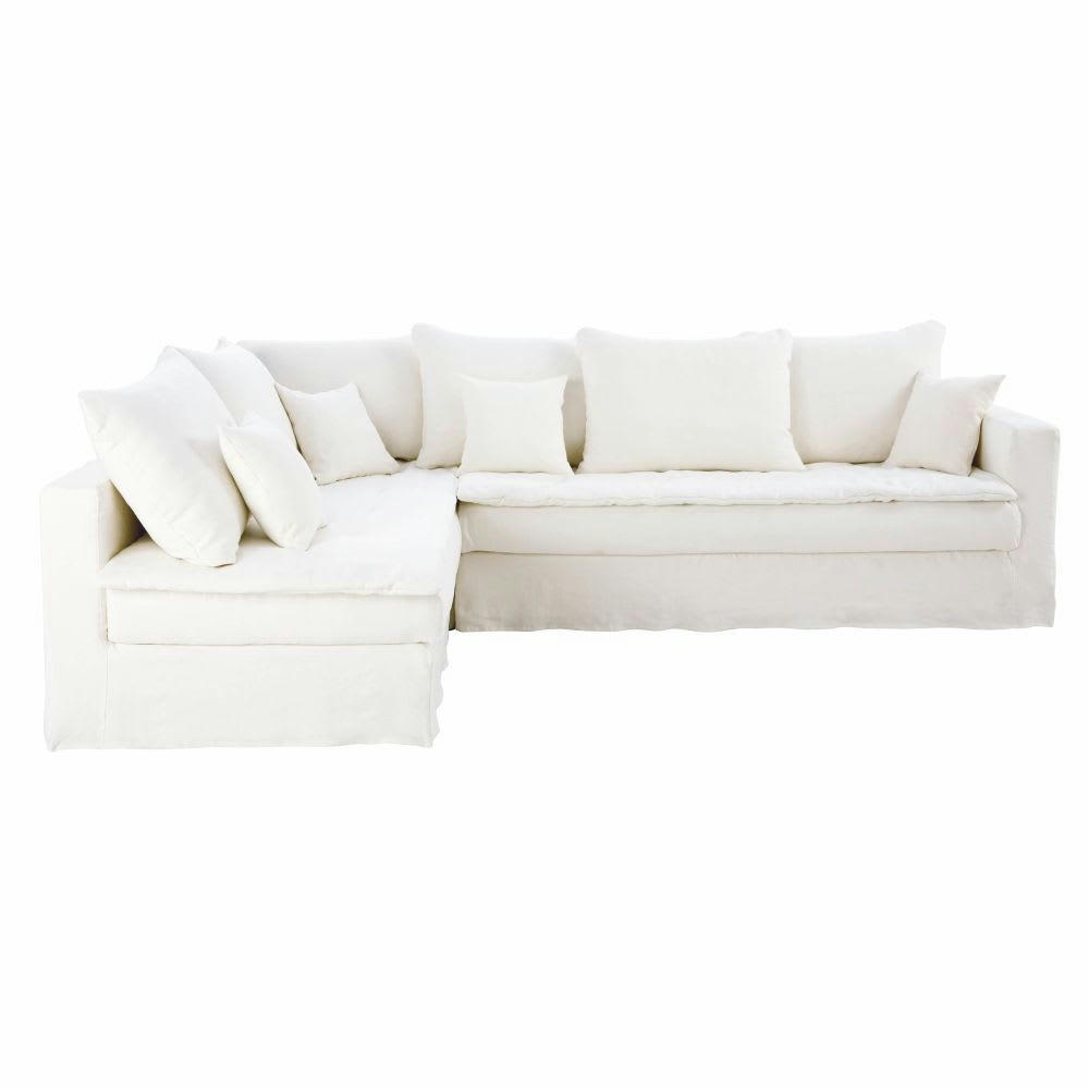 Celestin - Canapé d'angle gauche convertible 5/6 places en lin supérieur blanc, matelas 6 cm