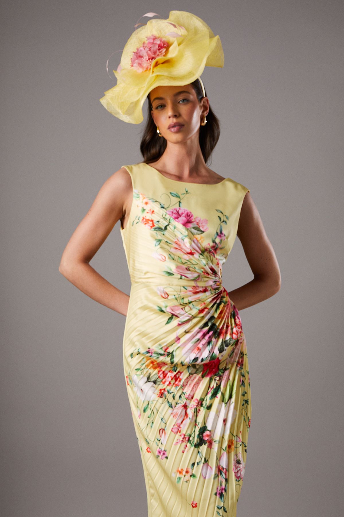 Coast Lisa Tan Pleated Floral Midi Dress With Pleat Detail