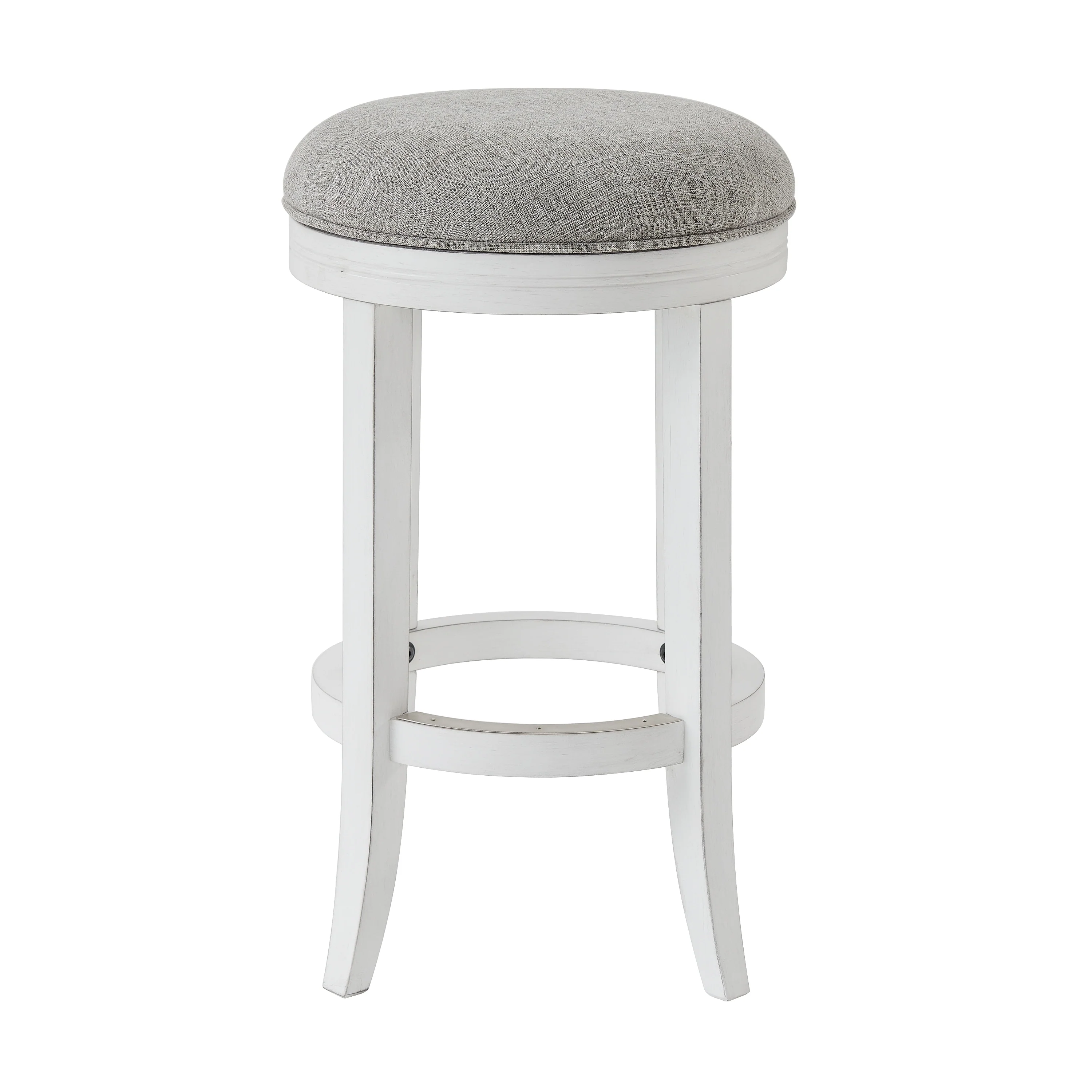 New Ridge Home Goods Avery White Wood Backless Swivel Bar Stool, Gray Fabric Seat