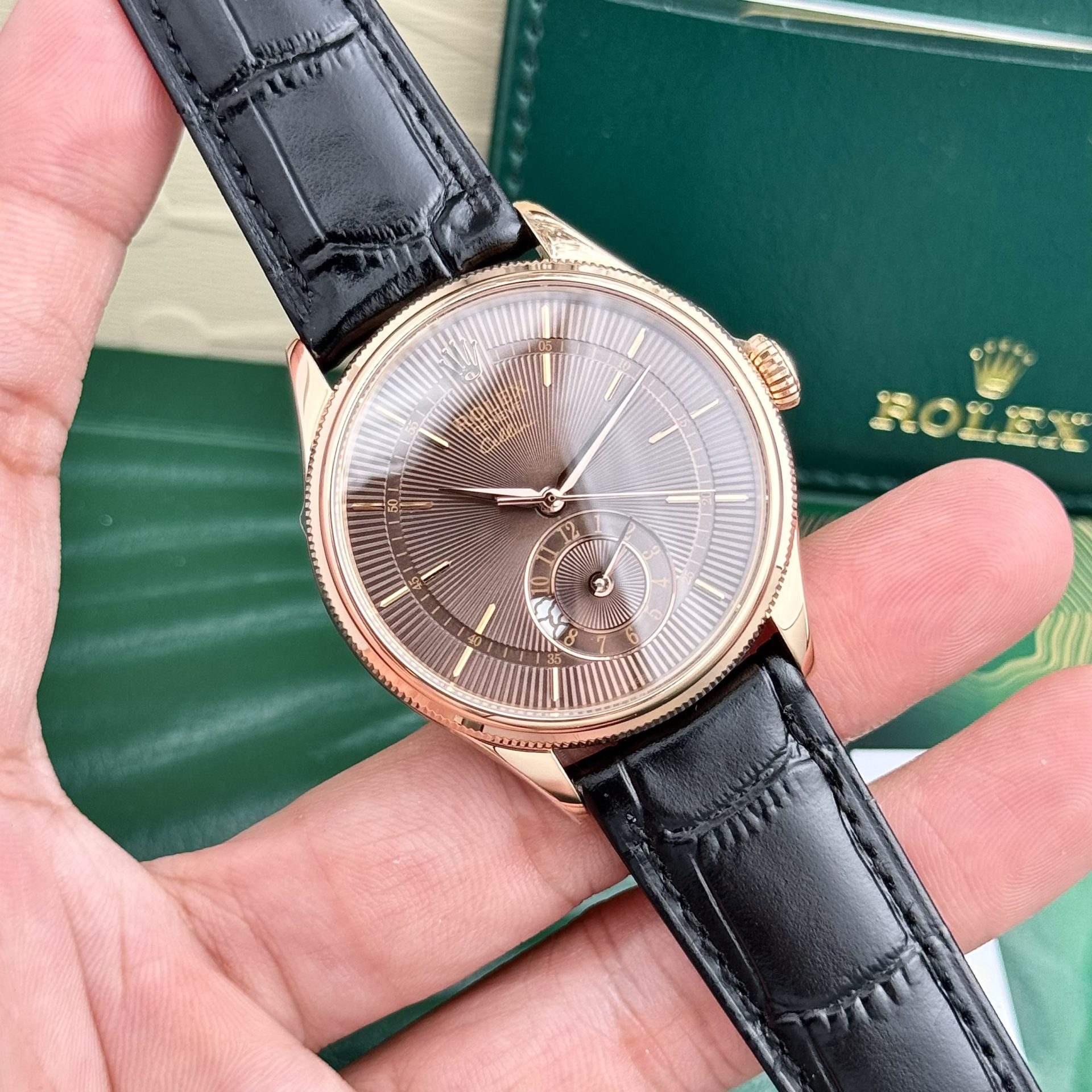 Rolex Cellini 50525 RG Plated Chocolate Dial 39mm Leather AAA Replica