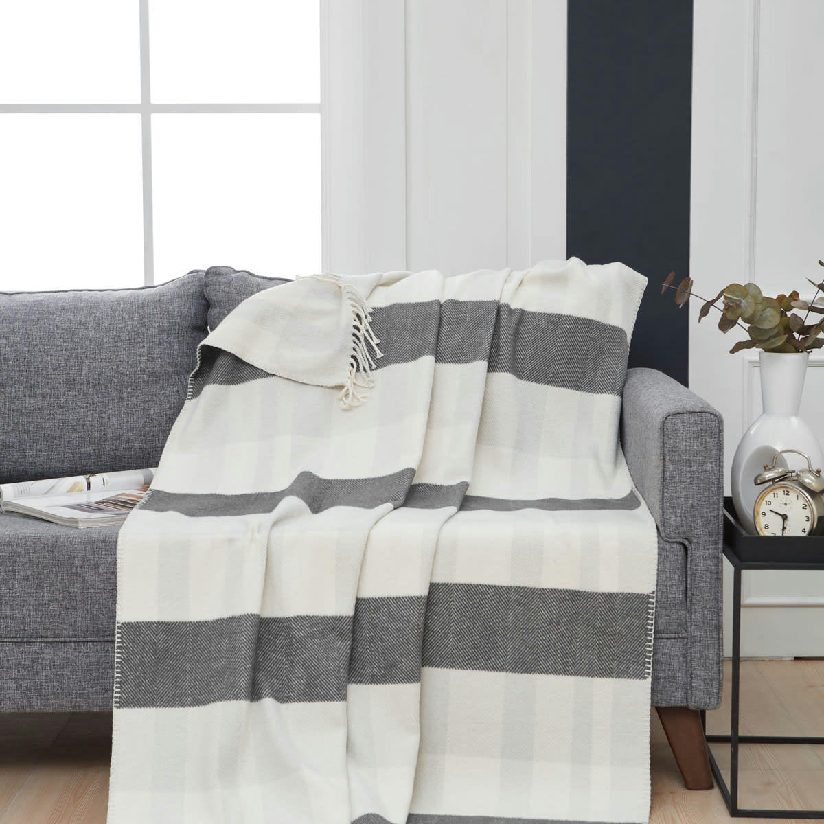 POLARIS - Plaid à franges chaud Anthracite 130x170 cm